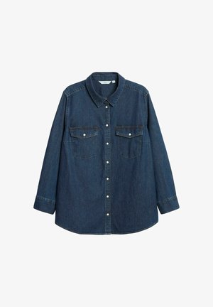 Donkerblauw denim overhemd met lange mouwen, puntkraag, knoopsluiting aan de voorkant en twee borstzakken met knoopsluitingen.