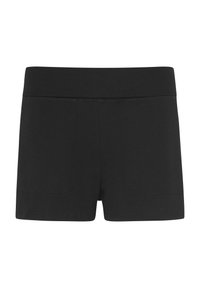 Zwarte sportshorts gemaakt van een gladde, rekbare stof. Heeft een brede tailleband en twee zijzakken. Eenvoudig, minimalistisch ontwerp.