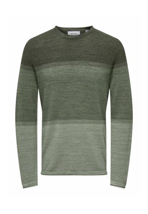 Long-sleeve shirt in varying shades of green, featuring a knit texture and horizontal stripes across the body and sleeves. Round neckline.