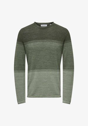 Long-sleeve shirt in varying shades of green, featuring a knit texture and horizontal stripes across the body and sleeves. Round neckline.