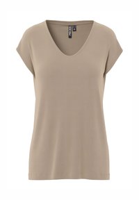 Haut beige à manches courtes et col en V pour femme, coupe décontractée, avec une étiquette à l’intérieur de l’encolure.
