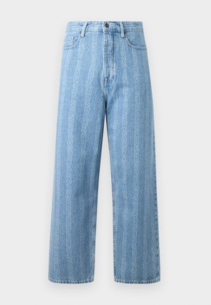 Light blue denim jeans with a wide-leg design, featuring a repeat chain pattern. Classic five-pocket styling and metal button detail.