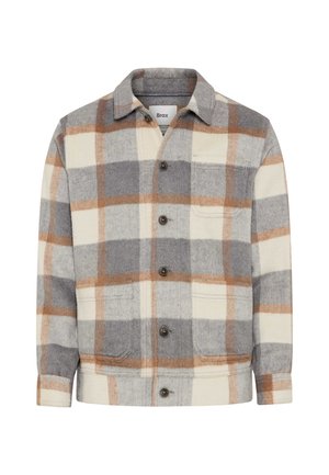 Grijs, crème en bruin geruit jack met knoopsluiting aan de voorkant, een kraag en twee voorszakken. Gemaakt van zacht wolachtig materiaal.