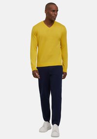 Gelber V-Ausschnitt-Pullover aus leichtem Strick, kombiniert mit marineblauen Hosen und weißen Sneakers. Einfaches, klar strukturiertes Design mit gerippten Bündchen und Saum.