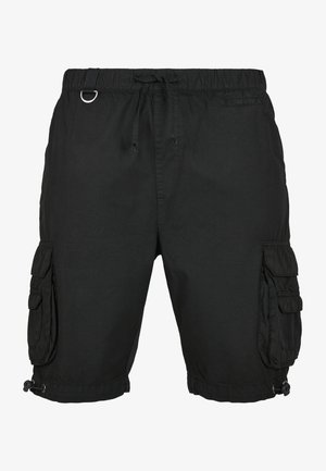 Shorts cargo noirs avec une taille élastique, fermeture à cordon de serrage, plusieurs poches latérales et boutons-pression au bas. Tissu léger.