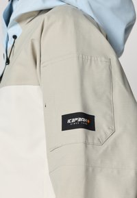 Heledbež ja valge jope sinise kapuutsiga, millel on plaastrikott ja must silt tekstiga "ICEPEAK SINCE 1996" varrukal.