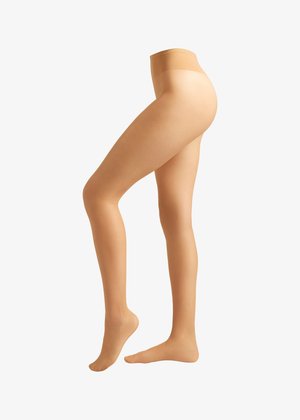 Nude opake Strumpfhosen mit glatter Textur, hohem Bund und enganliegendem Design, die vom Bauch bis zu den Füßen reichen und eine nahtlose Verarbeitung aufweisen.