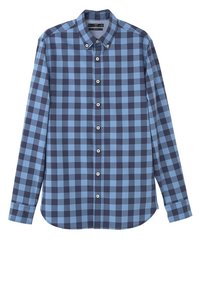 Koszula z długim rękawem w niebiesko-granatową kratę. Kołnierzyk zapinany na guziki z sześcioma guzikami i zaokrąglonym dołem. Bawełnowy materiał o gładkiej fakturze.