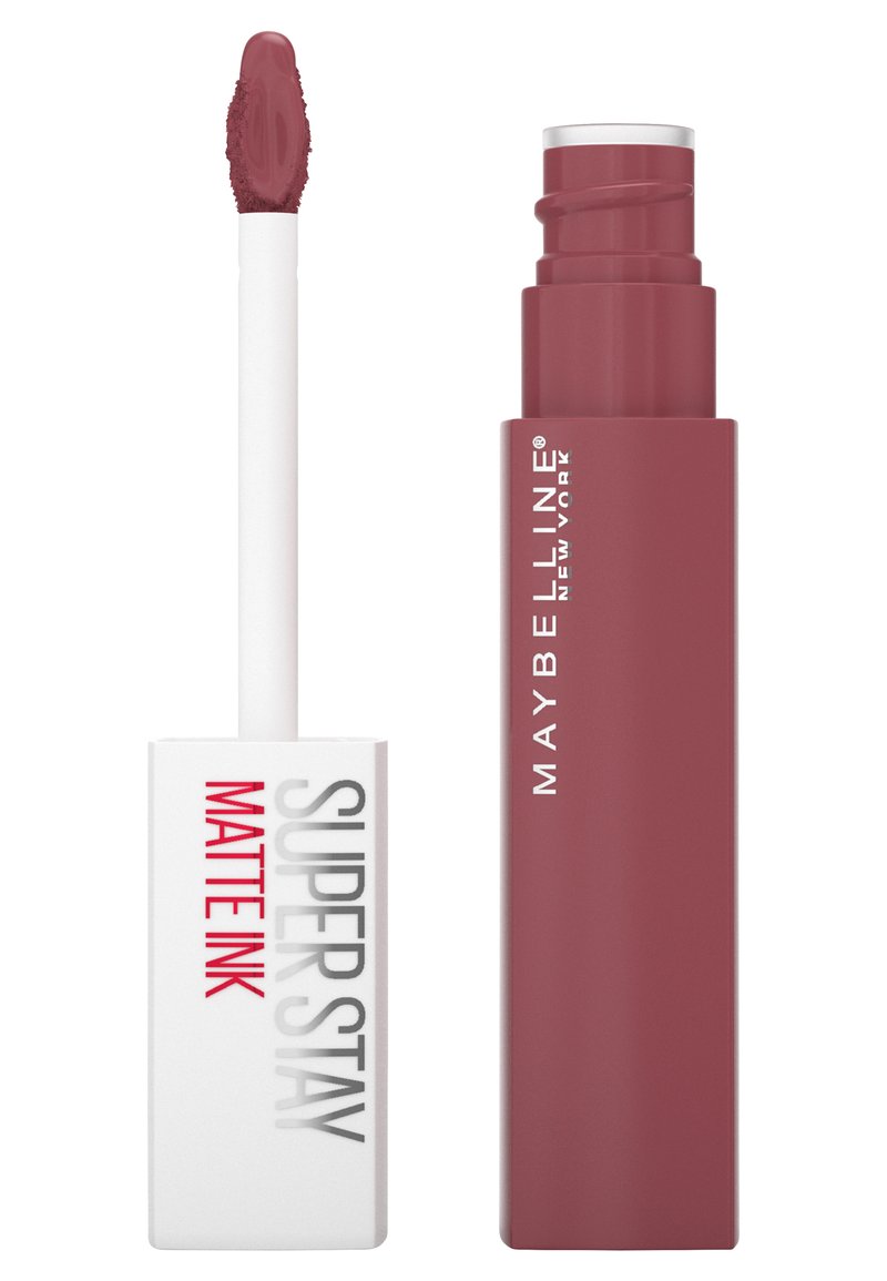 Rouge à lèvres liquide Maybelline Super Stay Matte Ink dans une teinte mauve douce. Le tube est rectangulaire avec un branding blanc et rouge. Applicateur inclus.