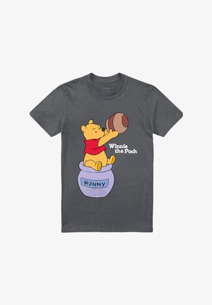 Charcoal gray T-shirt with Winnie the Pooh sitting in a purple "HUNNY" pot, holding a large honey jar, with text "Winnie the Pooh" beside him.
