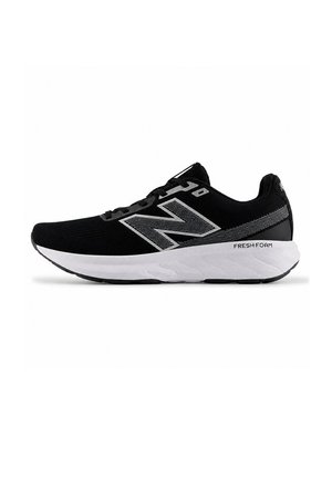 Schwarz-weißer New Balance Laufschuh mit Mesh-Obermaterial, großem "N"-Logo und dicker weißer Fresh Foam Sohle.