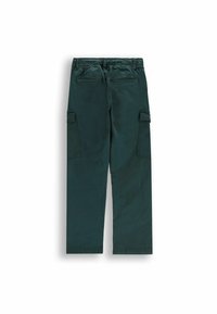Zielone spodnie cargo z elastycznym pasem, dwiema kieszeniami z przodu i z tyłu oraz kieszeniami cargo po bokach. Wykonane z trwałej bawełny.