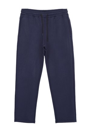 Pantaloni della tuta blu navy con vita elastica e coulisse nere, con tasche laterali e vestibilità comoda.