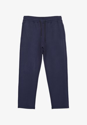 Pantalon de survêtement bleu marine avec ceinture élastique et cordons noirs, avec poches latérales et coupe décontractée.