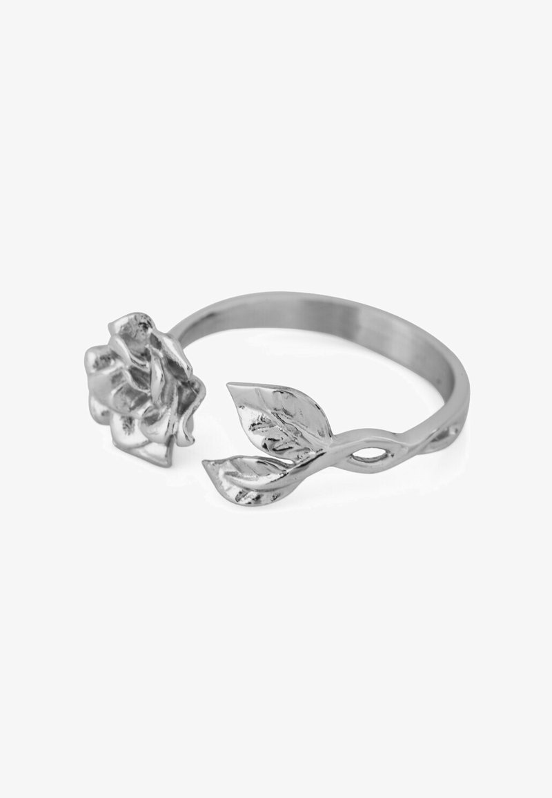 Zilveren ring met een rozenontwerp en bladvormen, die een gepolijste afwerking en verfijnde details op de bloem en bladeren toont.