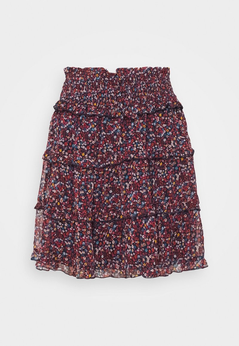 Jupe superposée rouge foncé avec petit imprimé floral coloré, taille élastiquée smockée et détails à volants.