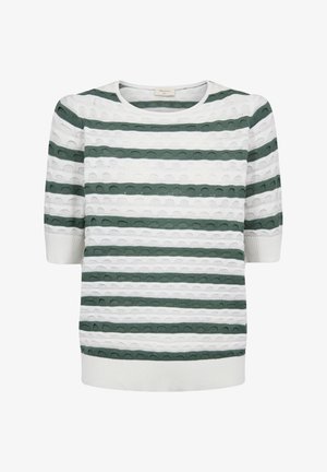 Trui met korte mouwen met afwisselend witte en groene, getextureerde horizontale strepen en een ronde halslijn.