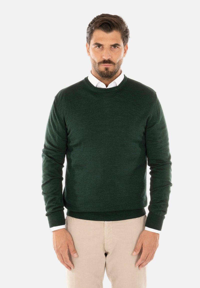 Maglione lavorato a maglia verde scuro con collo rotondo e polsini a costine, abbinato a una camicia bianca con colletto e pantaloni beige. Texture morbida.