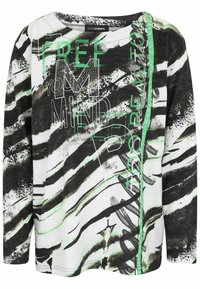 Langärmliges Shirt in Schwarz und Weiß mit abstrakten grünen und grauen Streifen. Verfügt über Text in verschiedenen Schriftarten und mit Strassakzenten. Weicher Stoff.
