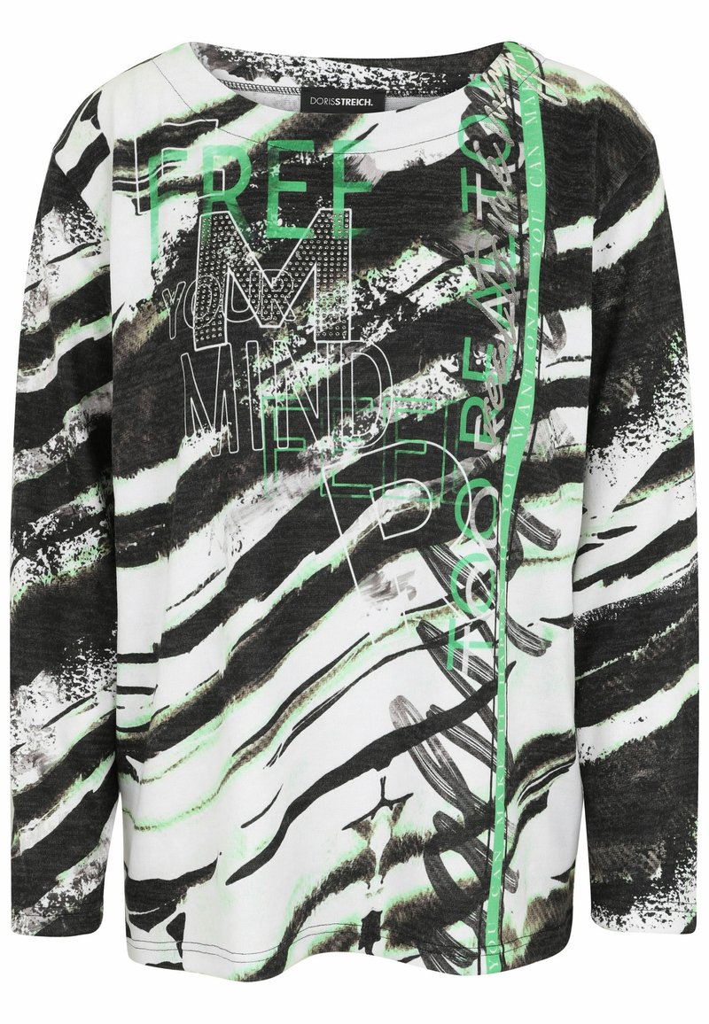 Langärmliges Shirt in Schwarz und Weiß mit abstrakten grünen und grauen Streifen. Verfügt über Text in verschiedenen Schriftarten und mit Strassakzenten. Weicher Stoff.