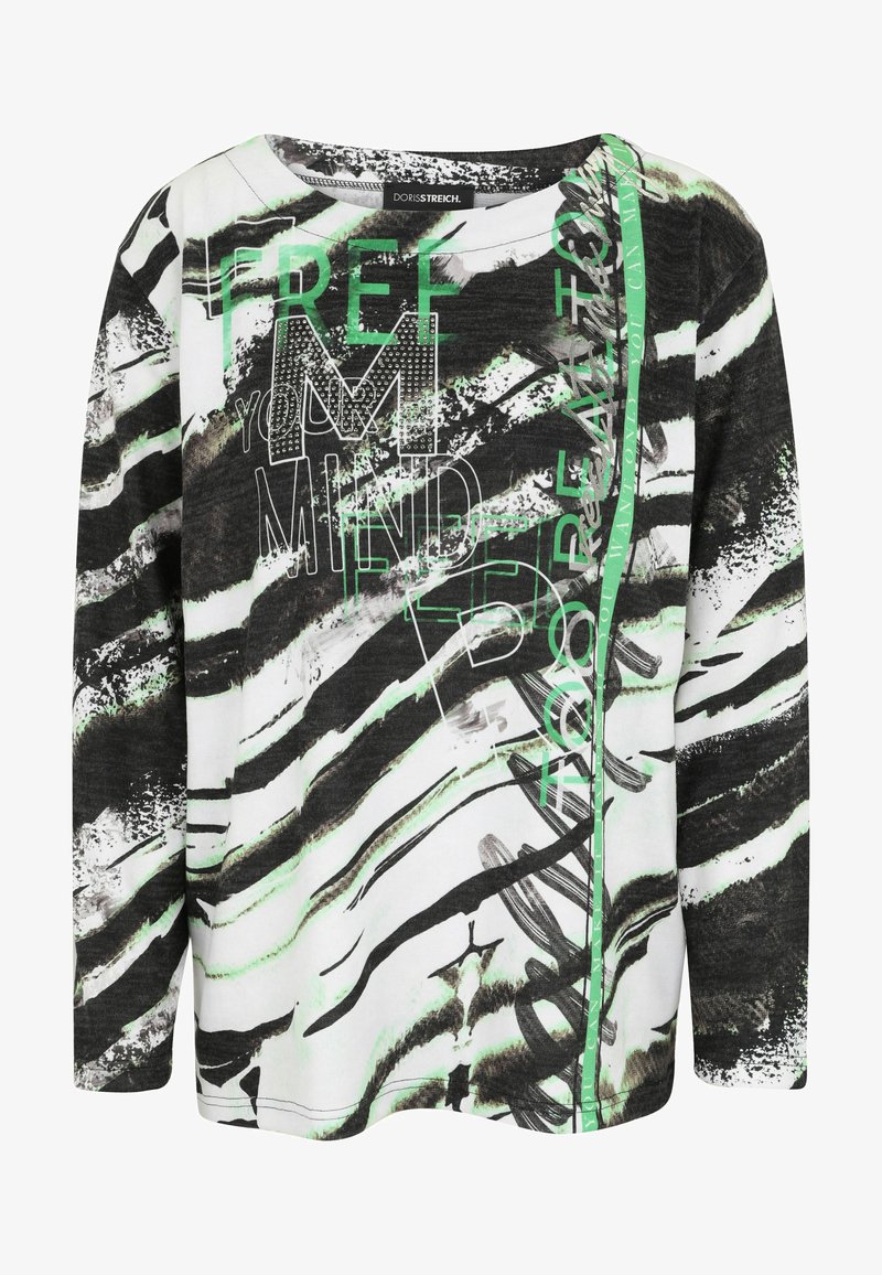 Langärmliges Shirt in Schwarz und Weiß mit abstrakten grünen und grauen Streifen. Verfügt über Text in verschiedenen Schriftarten und mit Strassakzenten. Weicher Stoff.