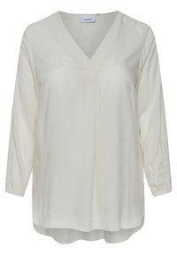Blouse à manches longues et encolure en V couleur crème avec un motif de points texturé. Caractéristiques des manches froncées et un ourlet arrondi pour un ajustement décontracté.