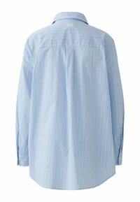 Striped button-up shirt in light blue and white. Features a collar, long sleeves, and back yoke detailing. Made from woven fabric.