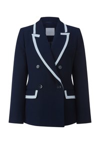 Blazer azul marino cruzado con ribete blanco, solapas con muesca, dos bolsillos delanteros y botones negros, hecho de tela suave.