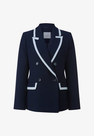 Blazer azul marino cruzado con ribete blanco, solapas con muesca, dos bolsillos delanteros y botones negros, hecho de tela suave.