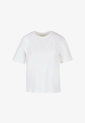 Valge lühikeste varrukatega T-särk, mis on valmistatud puuvillast, ümmarguse kaelusega ja lõdva istuvusega, sujuva tekstuuri ja ilma nähtavate mustriteta.