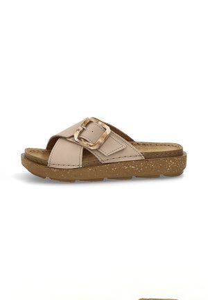 Infradito beige con upper in ecopelle, dettaglio a fibbia quadrata, suola in sughero testurizzato e design piatto per un look casual.