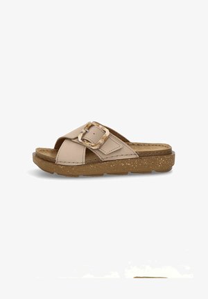 Infradito beige con upper in ecopelle, dettaglio a fibbia quadrata, suola in sughero testurizzato e design piatto per un look casual.