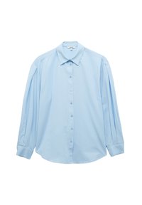 Camicetta azzurra chiara a maniche lunghe, con bottoni davanti, colletto classico, maniche plissettate, realizzata in tessuto morbido. Design semplice e pulito.