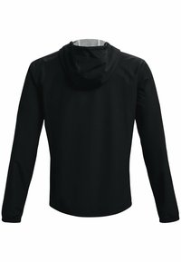 Giacca nera con cappuccio, maniche lunghe, dotata di un cappuccio foderato in rete. Texture liscia, design semplice, senza hardware visibile o motivi.