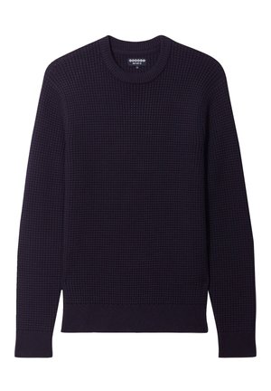 Marineblauer Strickpullover mit strukturiertem Muster, Rundhalsausschnitt und gerippten Bündchen und Saum. Hergestellt aus einem weichen, atmungsaktiven Material.