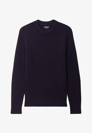 Marineblauer Strickpullover mit strukturiertem Muster, Rundhalsausschnitt und gerippten Bündchen und Saum. Hergestellt aus einem weichen, atmungsaktiven Material.