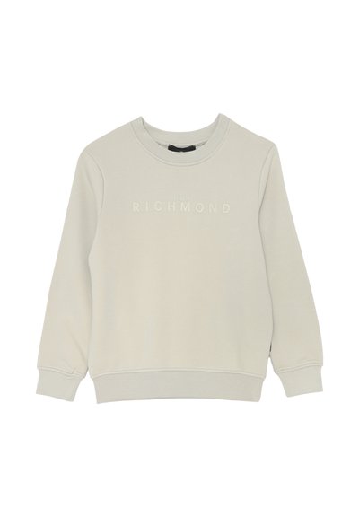 Felpa beige a maniche lunghe con collo rotondo, con polsini e orlo a costine, che presenta "JOHN RICHMOND" ricamato sul petto.