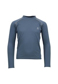 Chemise à manches longues en tissu bleu, avec un col haut, des surpiqûres grises et un petit logo sur la poitrine gauche. Texture lisse.