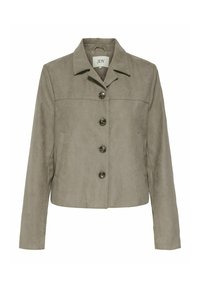 Kort, mörkbeige mockajacka med krage, fem knappar och sidofickor. Har en kortad design och slät textur.