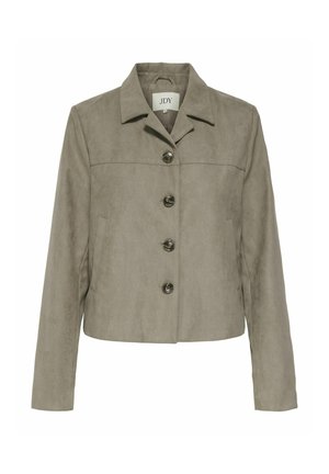 Chaqueta corta de ante en beige oscuro con cuello, cinco botones y bolsillos laterales. Cuenta con un diseño corto y una textura suave.
