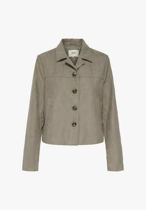 Short, dark beige suede jacket with a collar, five buttons, and side pockets. Features a cropped design and smooth texture.