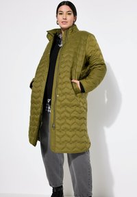 Cappotto lungo imbottito verde oliva con colletto alto, chiusura a bottoni automatici e due tasche laterali. Indossato sopra un maglione nero e pantaloni grigi.