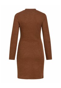 Vestito marrone a maglia con maniche lunghe, collo alto e vestibilità aderente. La texture appare liscia e rigata su tutto il capo.