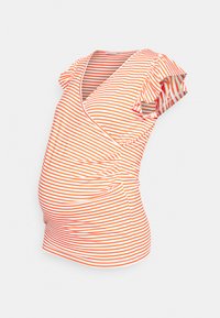 Top de maternidade em laranja e branco com riscas horizontais, apresentando um design cruzado, mangas drapeadas e franzidos nas laterais para conforto.