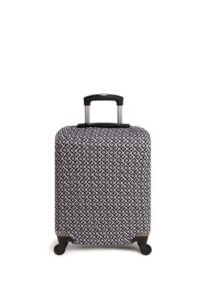Walizka z twardą obudową o czarno-białym okrągłym wzorze, teleskopowa rączka, cztery kółka i gładka tekstura powierzchni.