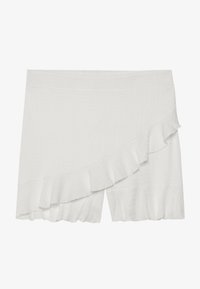 White shorts with a textured fabric, featuring an asymmetric ruffle along one side and a slightly flared hemline.