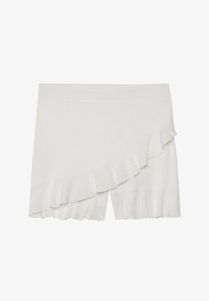 White shorts with a textured fabric, featuring an asymmetric ruffle along one side and a slightly flared hemline.