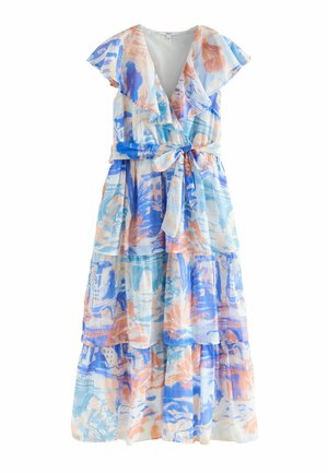 Maxi wrap kjole med flæser på korte ærmer, V-hals, lagdelt nederdel og abstrakt akvarelprint i pastelblå, fersken og hvid med bånd i taljen.