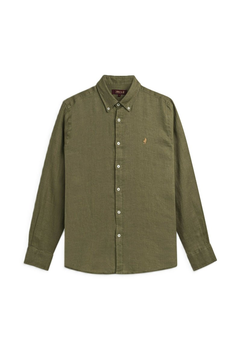 Camicia a maniche lunghe verde oliva in misto lino, con colletto a camicia, bottoni bianchi e un piccolo dettaglio ricamato sul petto.