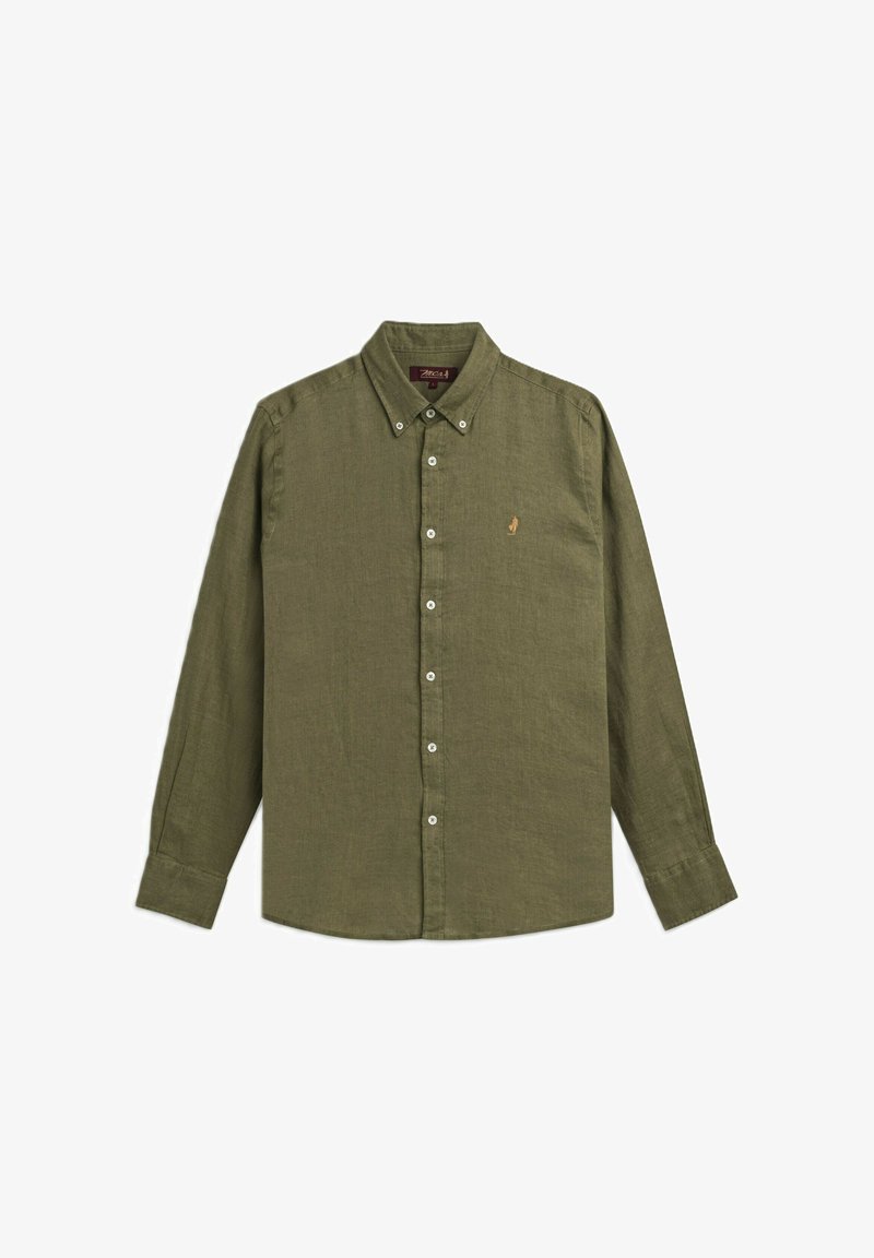 Camicia a maniche lunghe verde oliva in misto lino, con colletto a camicia, bottoni bianchi e un piccolo dettaglio ricamato sul petto.